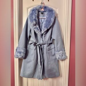 City Chic Faux Fur Dusty Blue Winter Coat Plus Size S (14/16)